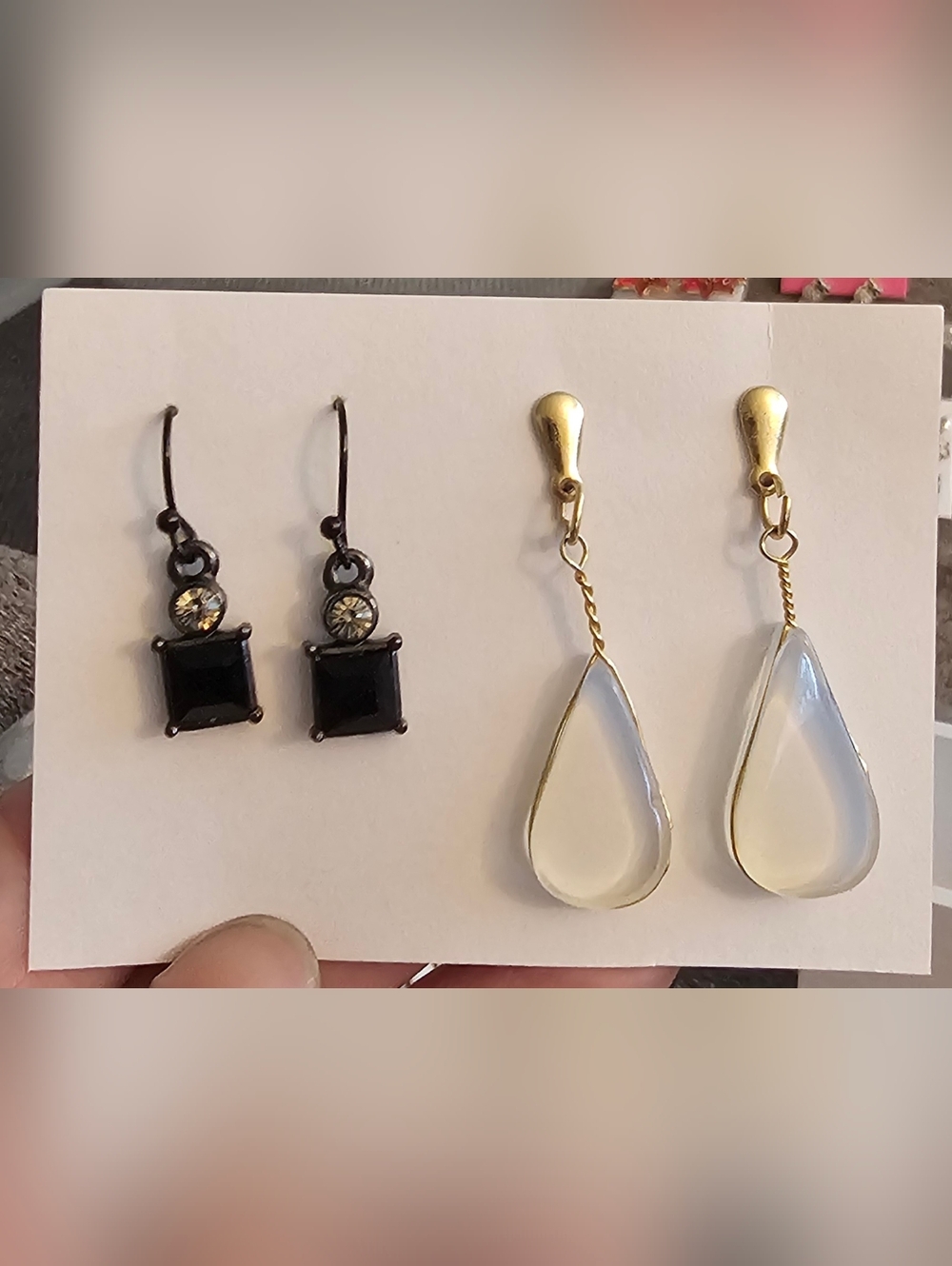 Clearance Sale! Gold Teardrop and Black Square Drop Earring Set